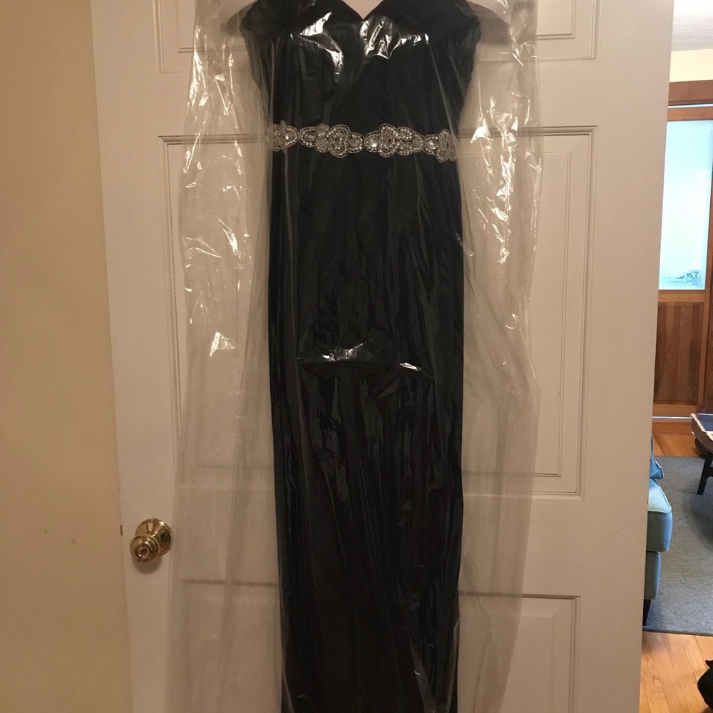 Navy blue city triangle (of David’s Bridal) gown
